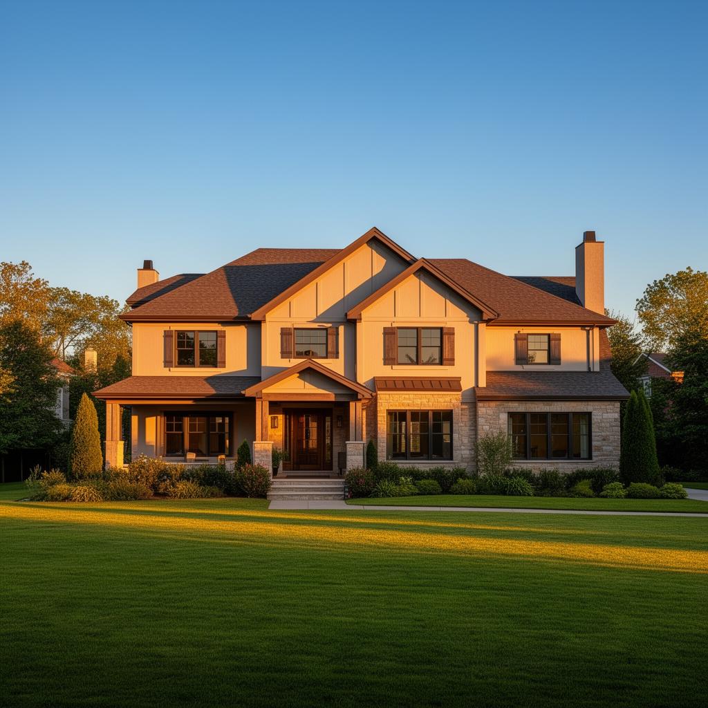 A modern American home at golden hour